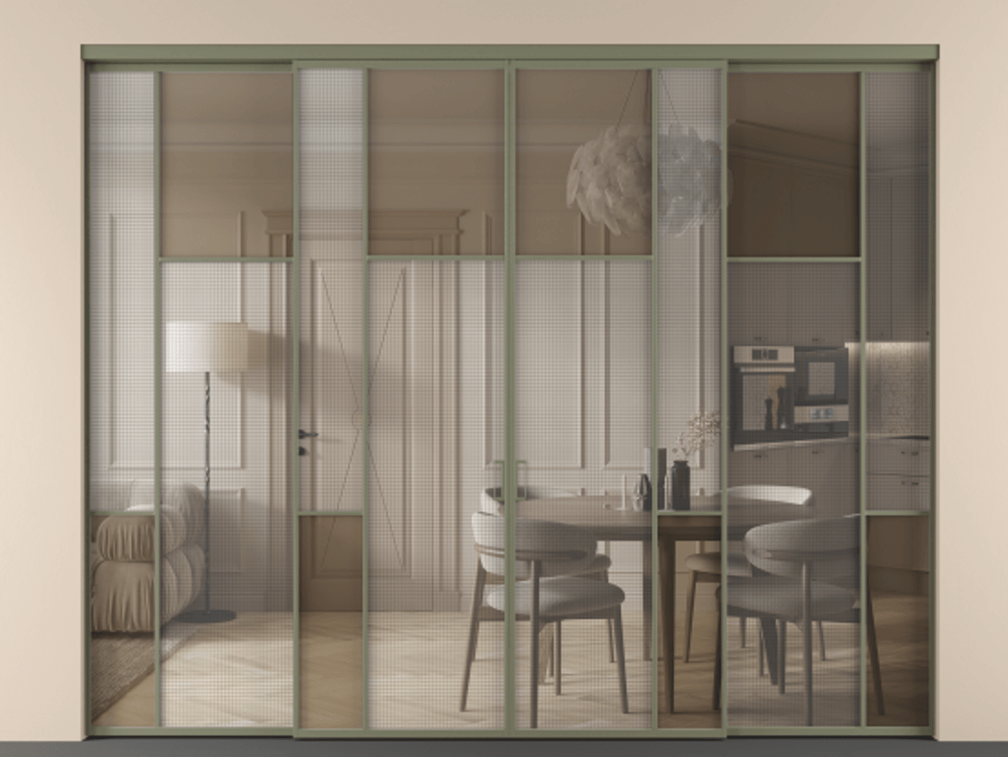 Перегородка Mosaic внутри проёма четырёхстворчатая АЛПР 041.10 Алюминий оливковый тёмный Декоративное стекло с сеткой "Mesh silver", триплекс, 6 мм + Прозрачное бронзовое стекло, триплекс Цена 24520 Br | Volhovec