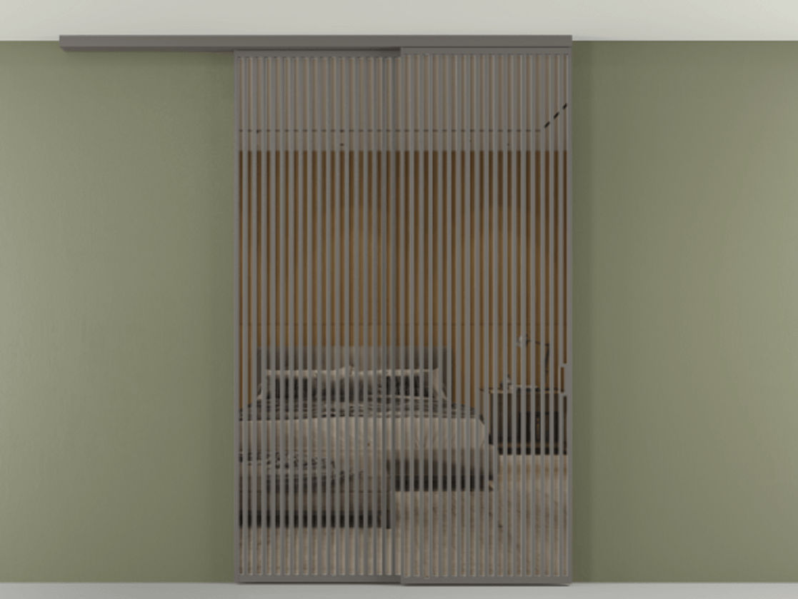 Перегородка Формато вдоль стены на потолок 2 створки с синхронным механизмом АЛПР 040.06 Алюминий классический серый Рефлективное бронзовое стекло "Стопсол", калёное Цена 29010 Br | Volhovec