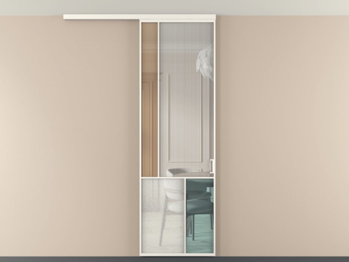 Перегородка Мозаик вдоль стены на потолок 1 створка АЛПР 041.20 Алюминий пудровый белый Комбинация стекол Группы 1 и Группы 3 Цена 7500 Br | Volhovec