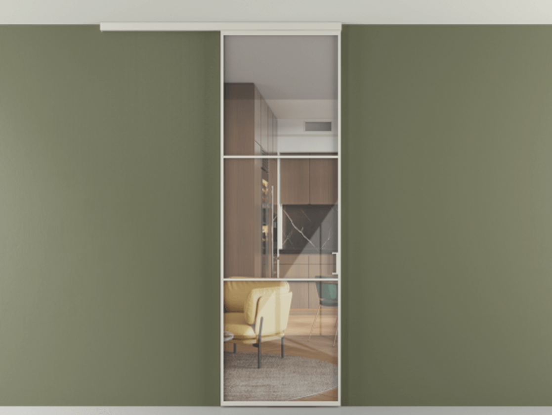 Перегородка Formato вдоль стены на потолок 1 створка АЛПР 040.03 Алюминий тёплый серый Рефлективное прозрачное стекло "Stopsol", калёное Цена 6711 Br | Volhovec