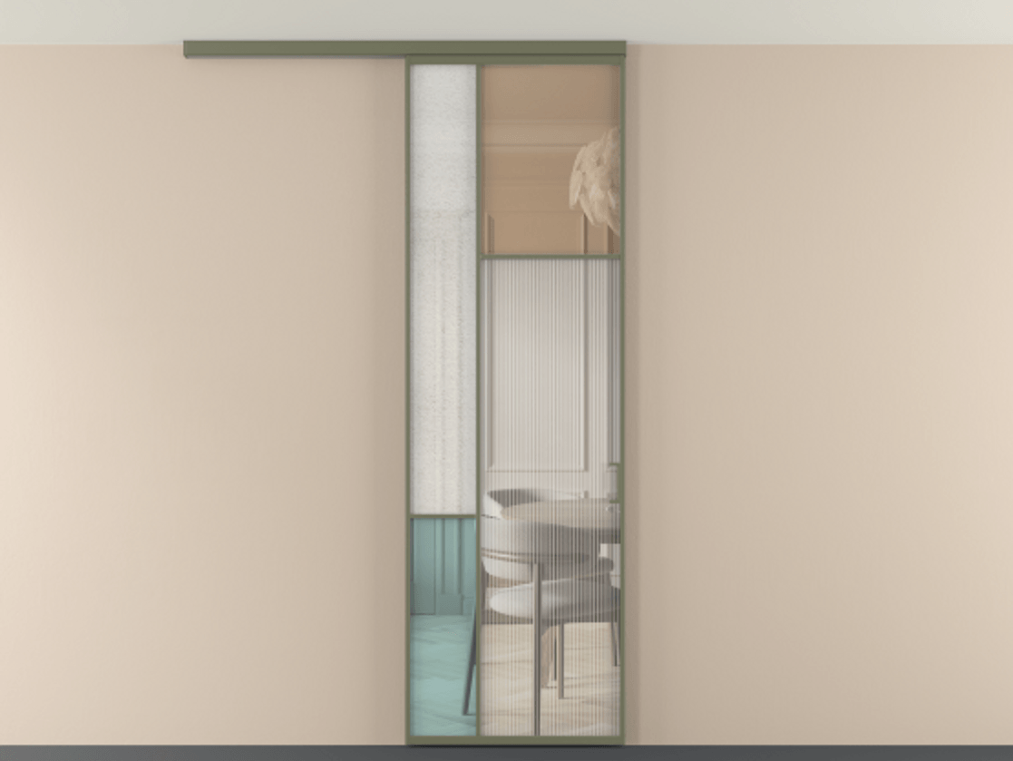 Перегородка Мозаик вдоль стены на потолок 1 створка АЛПР 041.11 Алюминий оливковый тёмный Комбинация стекол Группы 1 и Группы 3 Цена 7500 Br | Volhovec