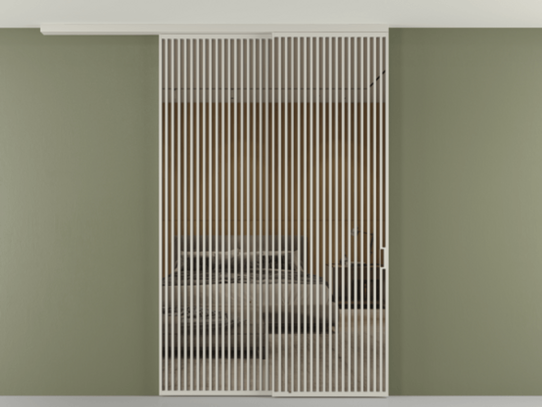 Перегородка Формато вдоль стены на потолок 2 створки с синхронным механизмом АЛПР 040.06 Алюминий тёплый серый Рефлективное бронзовое стекло "Стопсол", калёное Цена 29010 Br | Volhovec