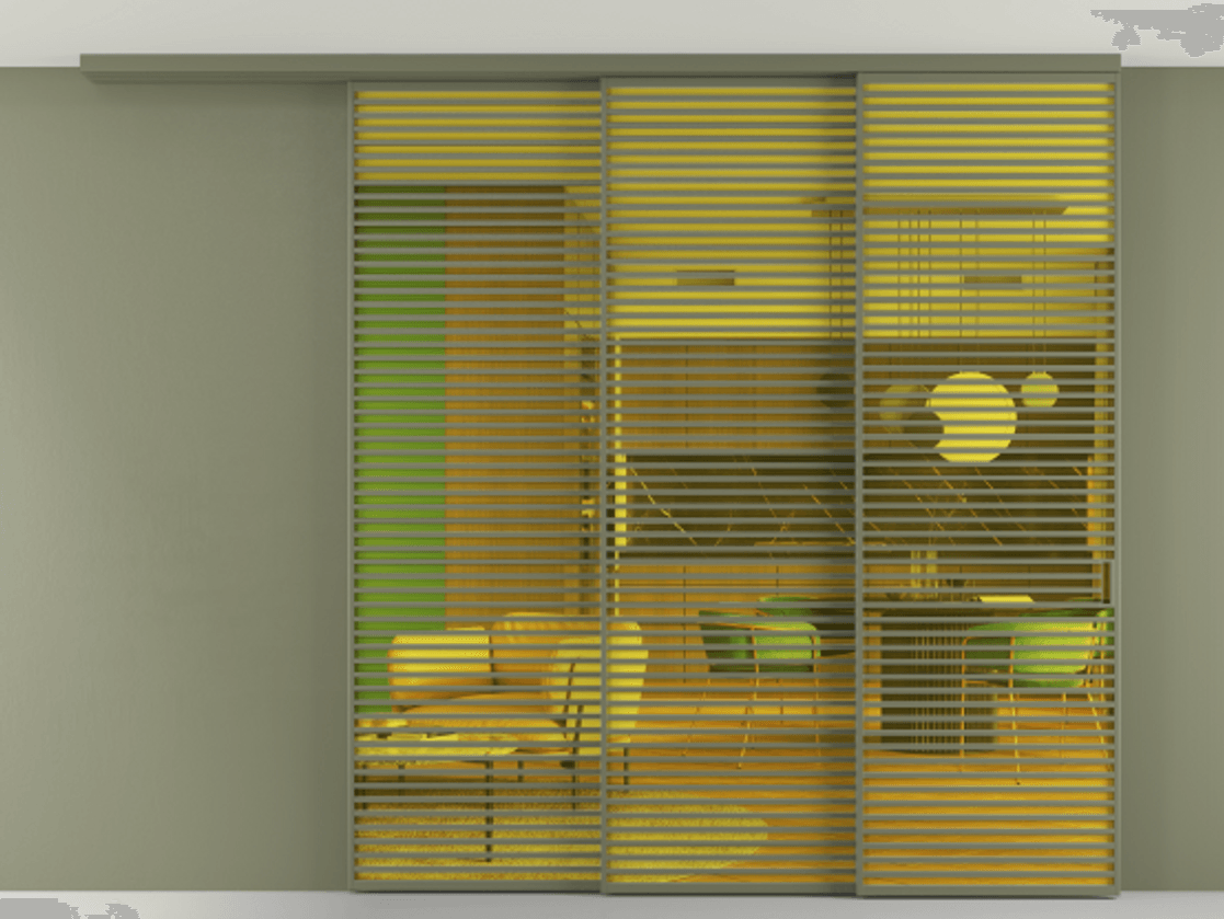 Перегородка Formato вдоль стены на потолок 3 створки с синхронным механизмом АЛПР 040.07 Алюминий оливковый тёмный Прозрачное жёлтое стекло, триплекс Цена 35000 Br | Volhovec