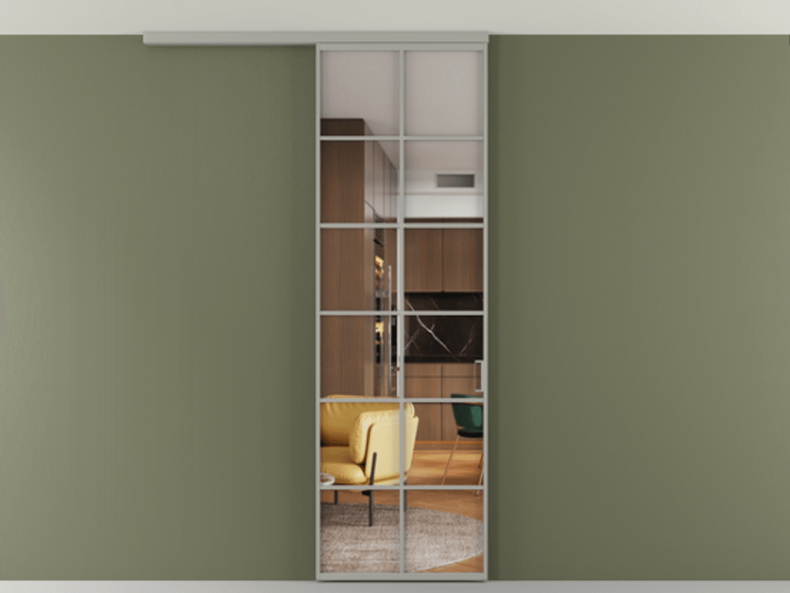 Перегородка Формато вдоль стены на потолок 1 створка АЛПР 040.05 Алюминий нейтральный серый Прозрачное стекло "Кристал Вижн", калёное Цена 7170 Br | Volhovec