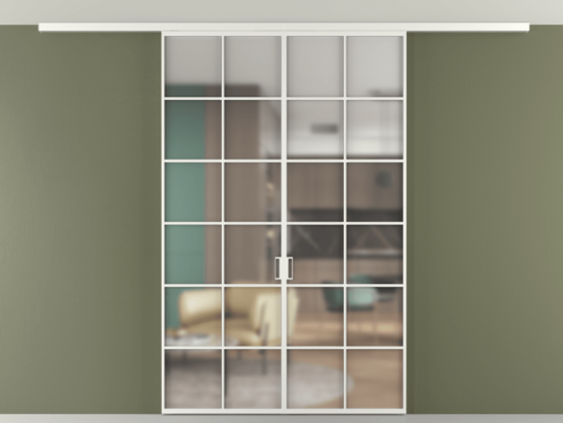 Перегородка Формато вдоль стены на потолок 2 створки АЛПР 040.05 Алюминий светло-серый Сатинированное стекло "Мателюкс Кристал Вижн", калёное, матовое, каленое 6 мм Цена 13960 Br | Volhovec