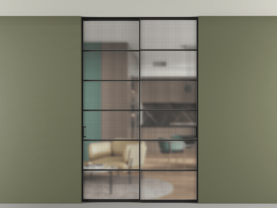 Перегородка Formato внутри проёма скрытое крепление в потолок 2 створки АЛПР 040.04 Алюминий Черный Декоративное стекло с сеткой "Mesh silver", триплекс Цена 14750 Br | Volhovec