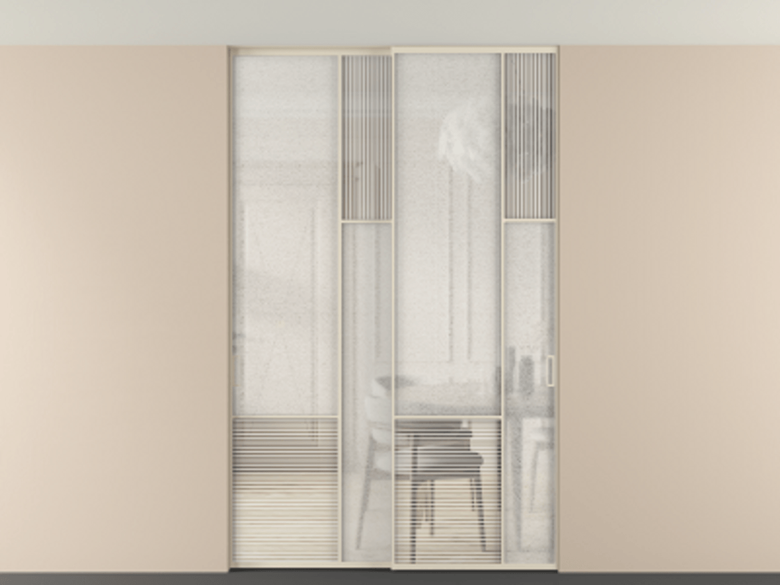 Перегородка Мозаик внутри проёма скрытое крепление в потолок 2 створки АЛПР 041.12 Алюминий бежево-серый Рифлёное стекло "Дюна", триплекс, 6 мм + Фактурное стекло "Лёд", триплекс. Цена 18210 Br . Фабрика дверей Волховец 8 (800) 551 43 19 Перегородка Мозаик внутри проёма скрытое крепление в потолок 2 створки АЛПР 041.12 Алюминий бежево-серый Рифлёное стекло "Дюна", триплекс, 6 мм + Фактурное стекло "Лёд", триплекс Цена 18210 Br | Volhovec