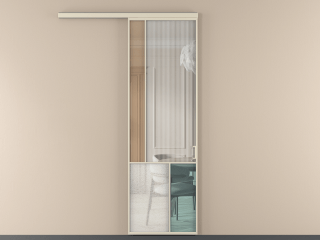 Перегородка Mosaic вдоль стены одностворчатая АЛПР 041.20 Алюминий бежево-серый Комбинация стекол Группы 1 и Группы 3 Цена 7600 Br | Volhovec