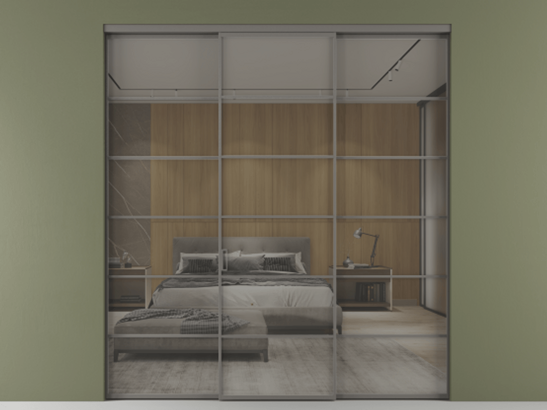 Перегородка Formato внутри проёма 3 створки АЛПР 040.04 Алюминий классический серый Рефлективное серое стекло "Stopsol", калёное Цена 18230 Br | Volhovec