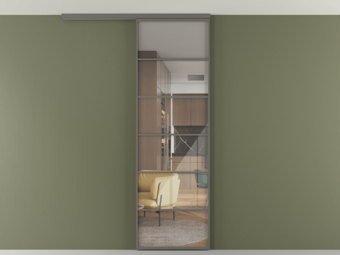 Перегородка Формато вдоль стены на потолок 1 створка АЛПР 040.04 Алюминий классический серый Рефлективное прозрачное стекло "Стопсол", калёное Цена 7170 Br | Volhovec