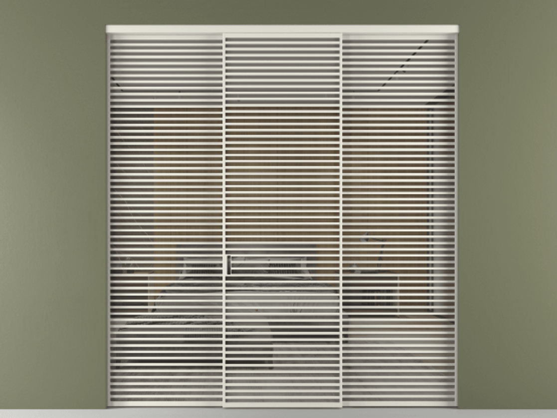 Перегородка Формато внутри проёма 3 створки АЛПР 040.07 Алюминий Белый Рефлективное серое стекло "Стопсол", калёное Цена 31300 Br | Volhovec