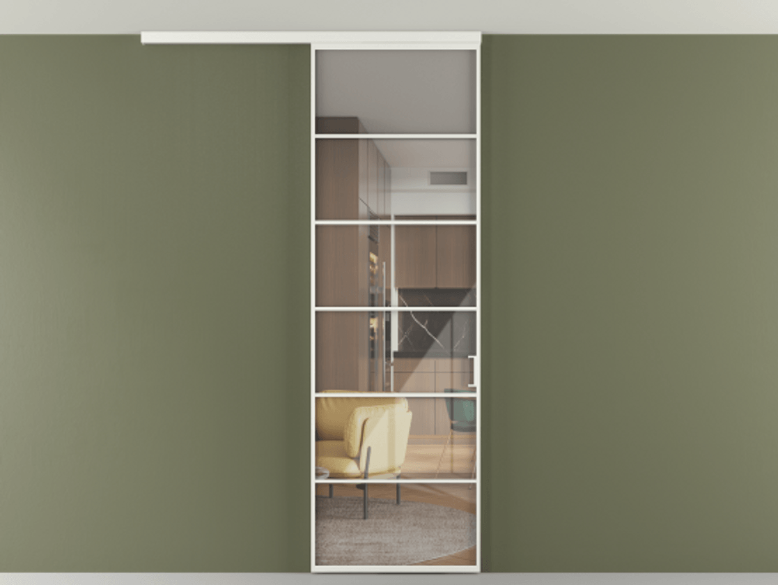 Перегородка Formato вдоль стены на потолок 1 створка АЛПР 040.04 Алюминий светло-серый Рефлективное прозрачное стекло "Stopsol", калёное Цена 7170 Br | Volhovec