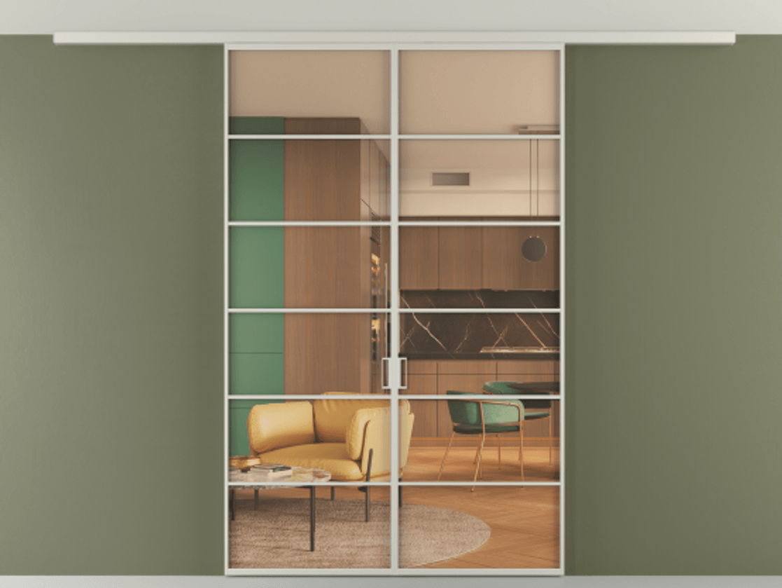 Перегородка Формато вдоль стены на потолок 2 створки АЛПР 040.04 Алюминий тёплый серый Прозрачное оранжевое стекло, триплекс Цена 10700 Br | Volhovec