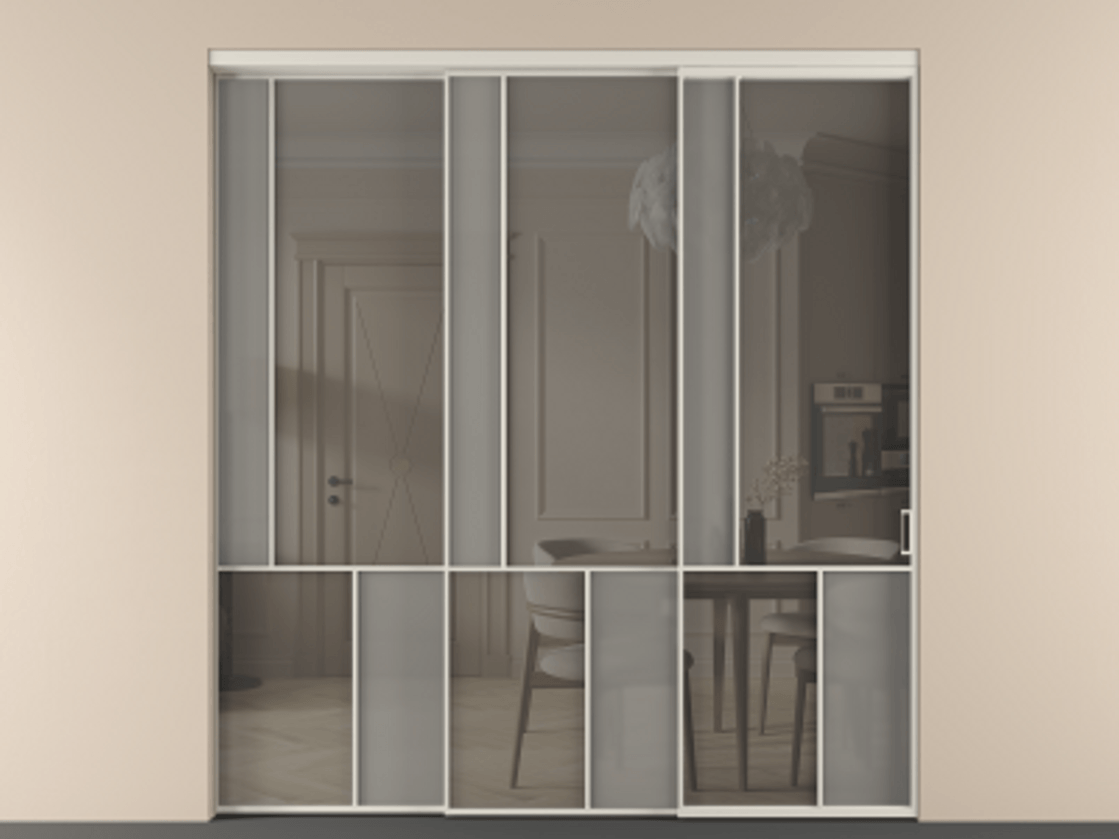 Перегородка Мозаик внутри проёма 3 створки с синхронным механизмом АЛПР 041.20  Алюминий облачно-серый Сатинированное серое стекло, триплекс, 6 мм + Прозрачное серое стекло, триплекс Цена 23390 Br | Volhovec