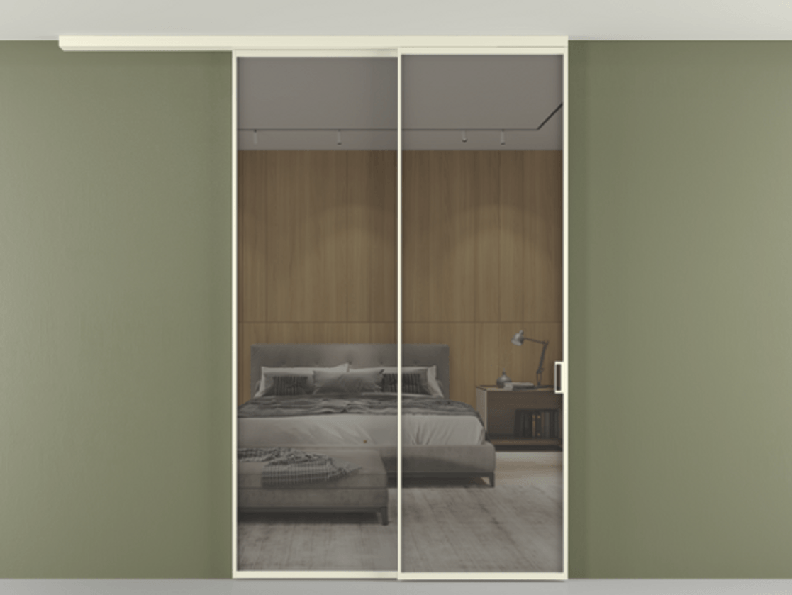 Перегородка Formato вдоль стены на потолок телескопик синхро 2 АЛПР 040.01 Алюминий молочно-белый Рефлективное серое стекло "Stopsol", калёное Цена 16850 Br | Volhovec