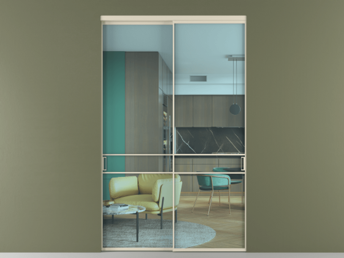 Перегородка Формато внутри проёма 2 створки АЛПР 040.02 Алюминий бежево-серый Прозрачное голубое стекло, триплекс Цена 23100 Br  | Volhovec