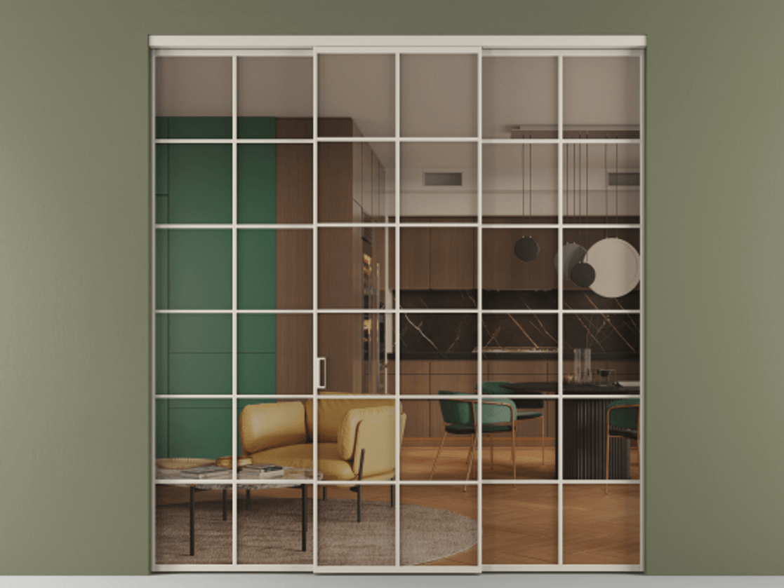 Перегородка Formato внутри проёма 3 створки АЛПР 040.05 Алюминий светло-бежевый Прозрачное бронзовое стекло, триплекс Цена 13620 Br | Volhovec