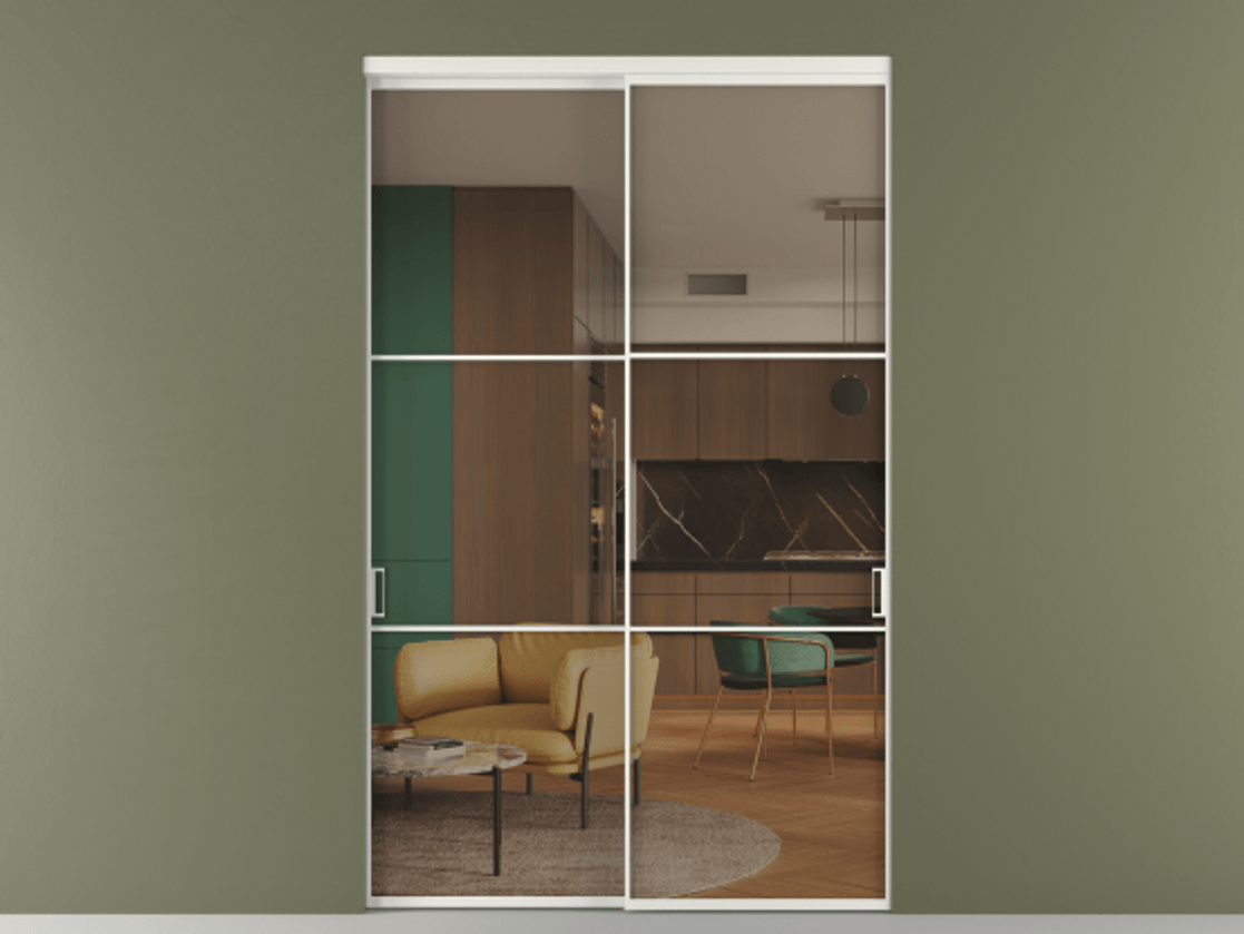 Перегородка Формато внутри проёма 2 створки АЛПР 040.03 Алюминий светло-серый Прозрачное бронзовое стекло, триплекс Цена 22710 Br  | Volhovec