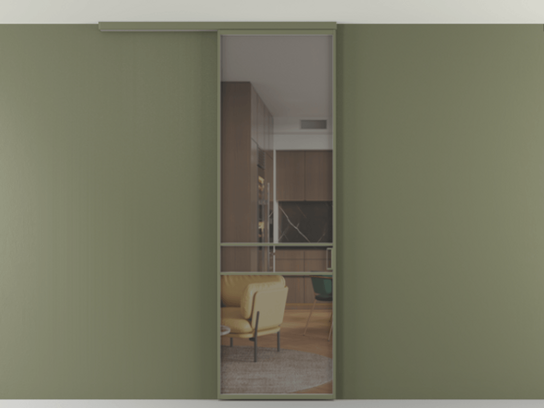 Перегородка Formato вдоль стены на потолок 1 створка АЛПР 040.02 Алюминий оливковый тёмный Прозрачное серое стекло, триплекс Цена 5400 Br | Volhovec