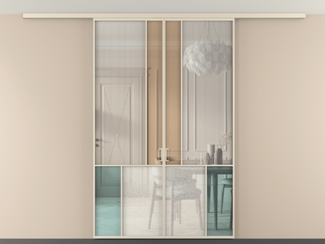 Перегородка Mosaic вдоль стены на потолок двустворчатая АЛПР 041.20 Алюминий бежево-серый Комбинация стекол Группы 1 и Группы 3 Цена 14700 Br | Volhovec