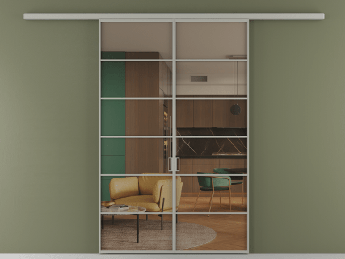 Перегородка Формато вдоль стены 2 створки АЛПР 040.04 Алюминий нейтральный серый Прозрачное бронзовое стекло, триплекс Цена 11080 Br | Volhovec