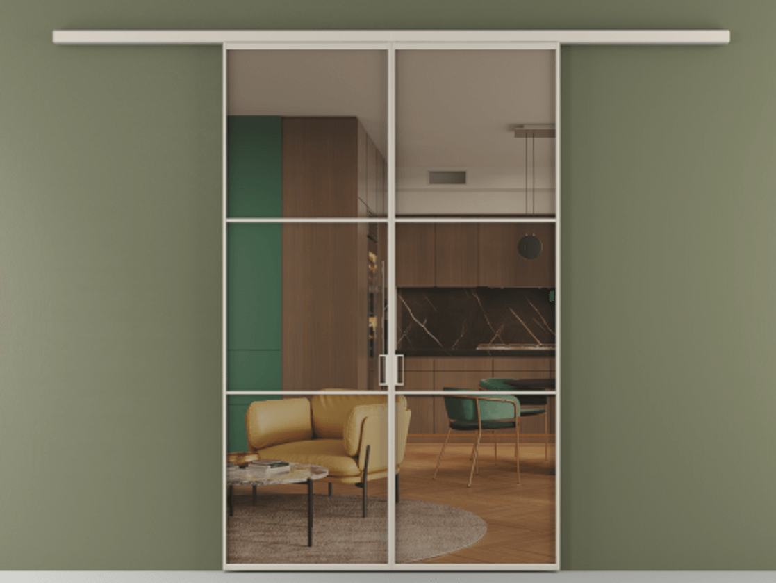 Перегородка Формато вдоль стены 2 створки АЛПР 040.03 Алюминий светло-бежевый Прозрачное бронзовое стекло, триплекс Цена 10450 Br | Volhovec