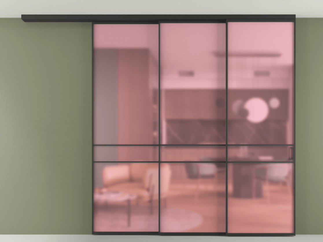 Перегородка Formato вдоль стены на потолок 3 створки с синхронным механизмом АЛПР 040.02 Алюминий Черный Сатинированное розовое стекло, триплекс Цена 20200 Br | Volhovec