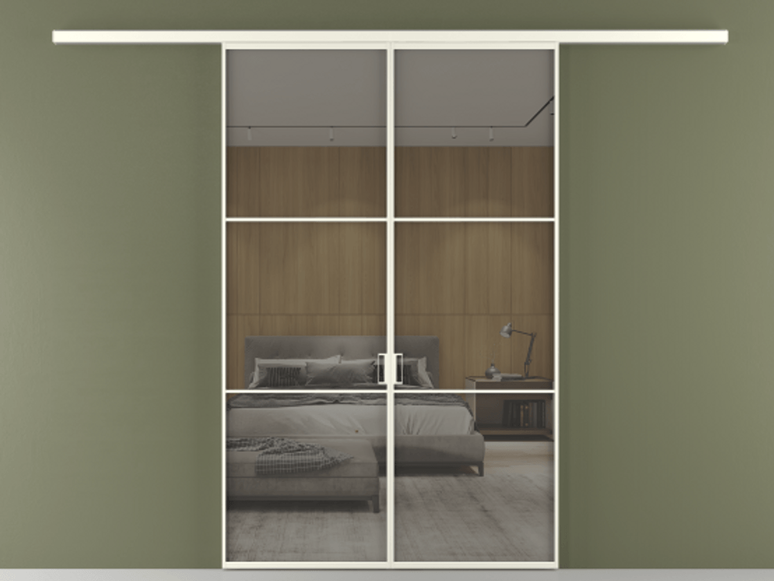 Перегородка Формато вдоль стены 2 створки АЛПР 040.03 Алюминий жемчужный Рефлективное серое стекло "Стопсол", калёное Цена 13310 Br | Volhovec