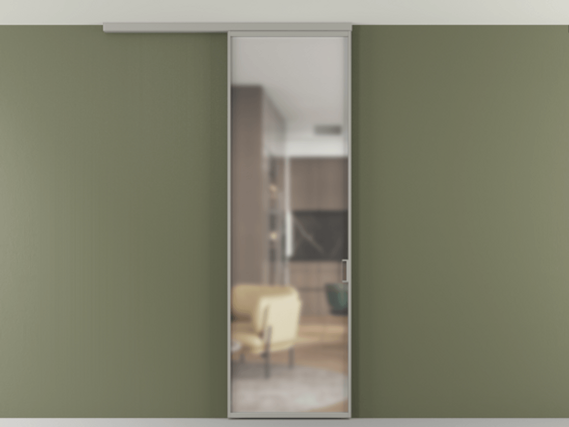 Перегородка Формато вдоль стены на потолок 1 створка АЛПР 040.01 Алюминий нейтральный серый Сатинированное стекло "Мателюкс Кристал Вижн", калёное, матовое, каленое 6 мм Цена 6390 Br | Volhovec