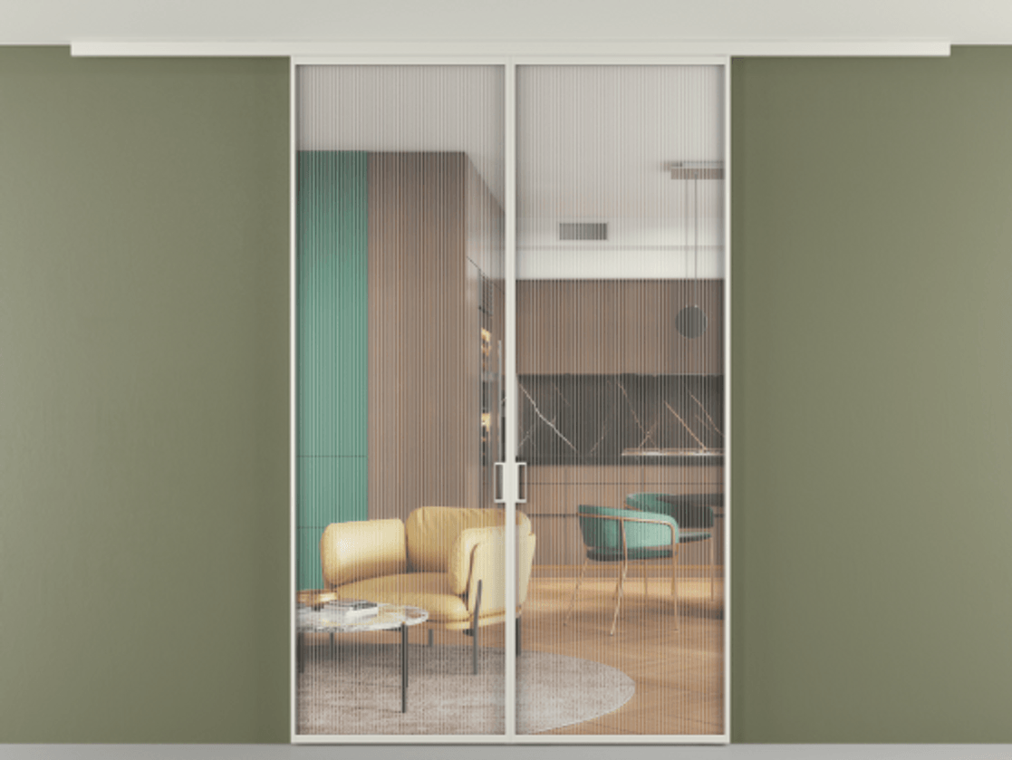 Перегородка Формато вдоль стены на потолок 2 створки АЛПР 040.01 Алюминий Белый Рифлёное стекло "Мору", триплекс Цена 9780 Br | Volhovec