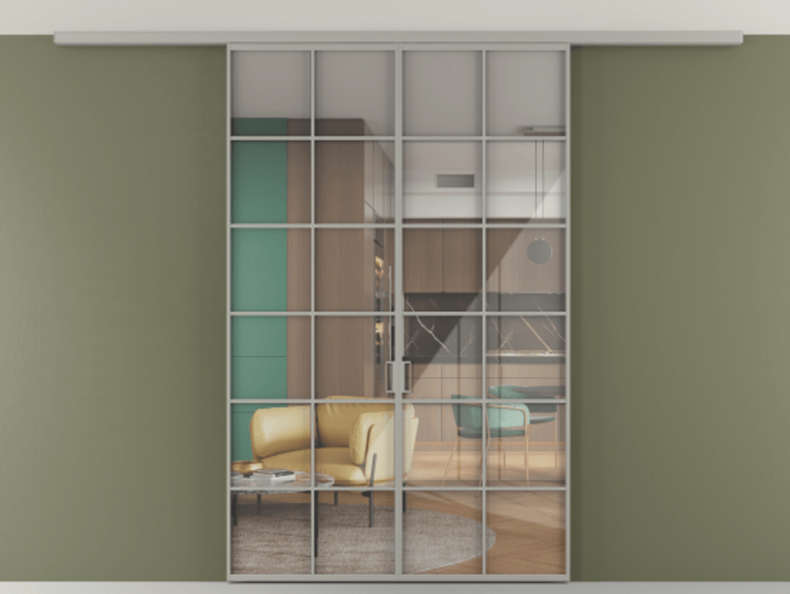 Перегородка Формато вдоль стены на потолок 2 створки АЛПР 040.05 Алюминий нейтральный серый Рефлективное прозрачное стекло "Стопсол", калёное Цена 11840 Br | Volhovec