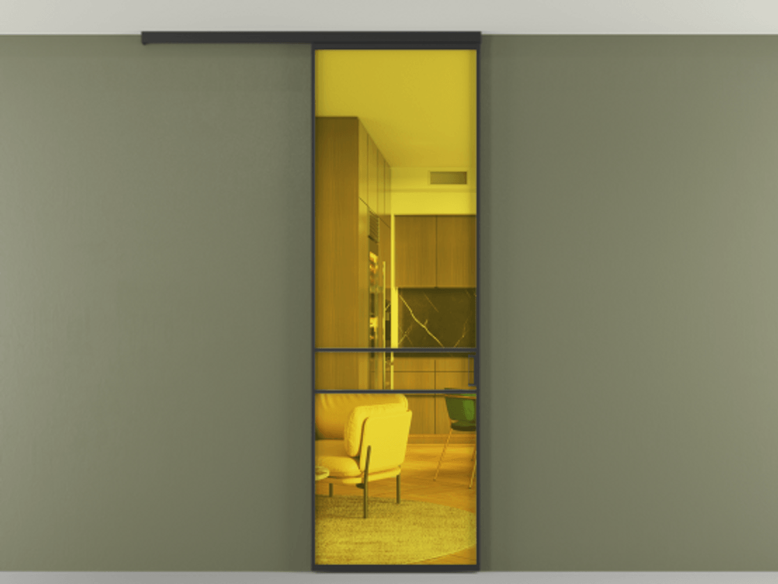 Перегородка Formato вдоль стены на потолок 1 створка АЛПР 040.02 Алюминий Черный Прозрачное жёлтое стекло, триплекс Цена 5200 Br | Volhovec