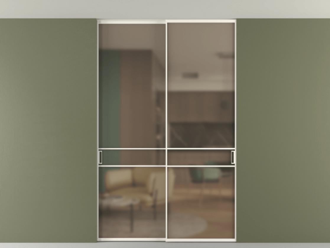 Перегородка Formato внутри проёма скрытое крепление в потолок 2 створки АЛПР 040.02 Алюминий пудровый белый Сатинированное бронзовое стекло, триплекс Цена 13710 Br | Volhovec