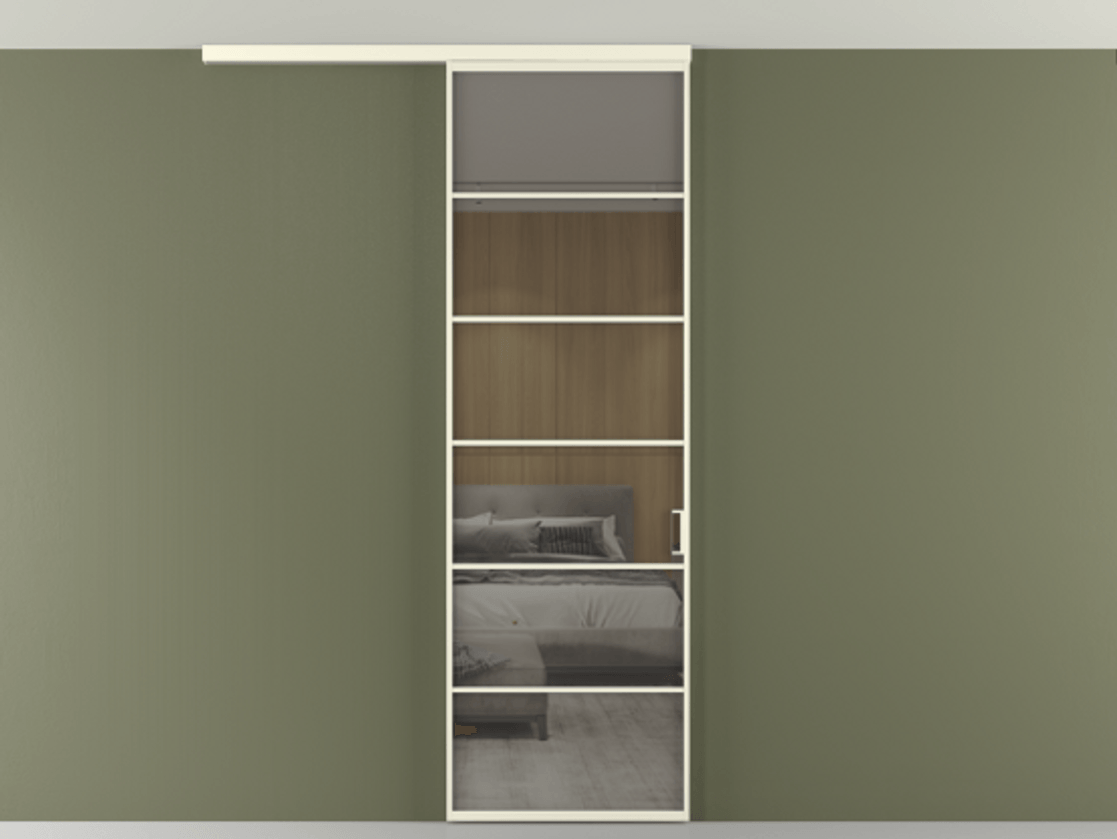 Перегородка Formato вдоль стены на потолок 1 створка АЛПР 040.04 Алюминий молочно-белый Рефлективное серое стекло "Stopsol", калёное Цена 7170 Br | Volhovec