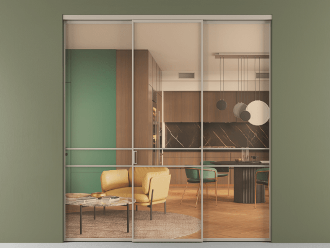 Перегородка Формато внутри проёма 3 створки АЛПР 040.02 Алюминий бисквитный Прозрачное оранжевое стекло, триплекс Цена 12700 Br | Volhovec