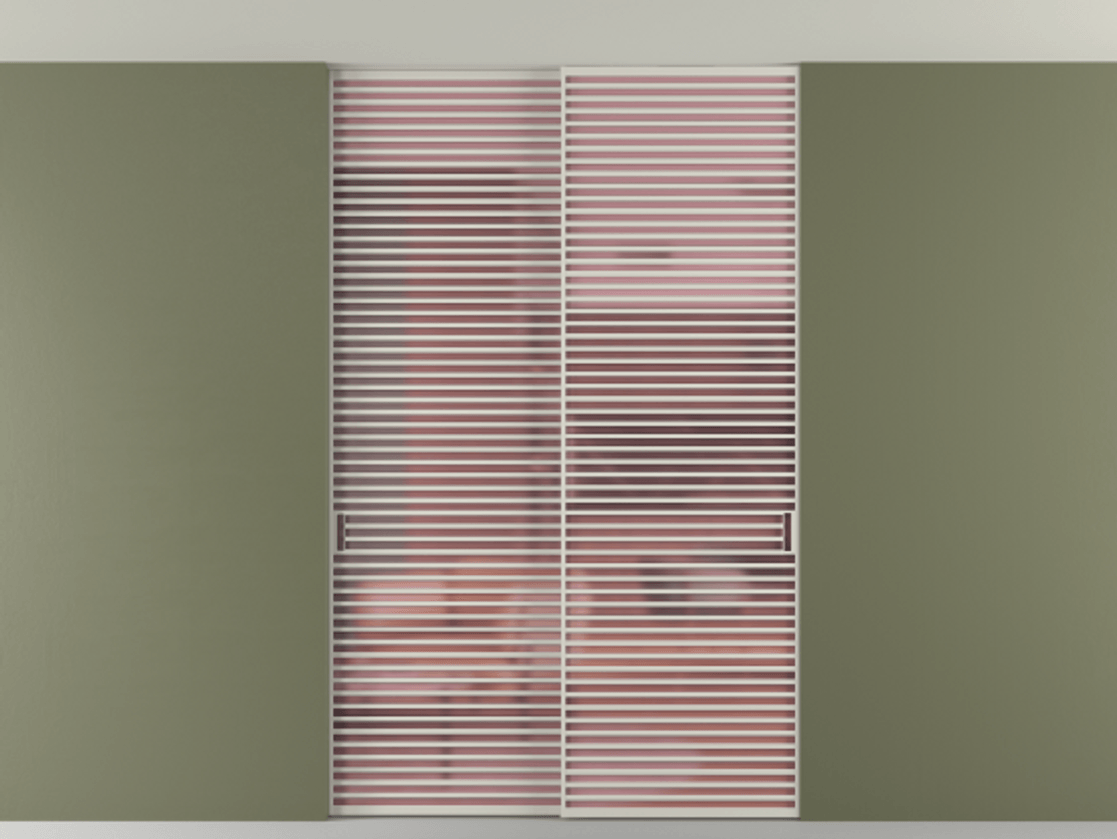 Перегородка Формато внутри проёма скрытое крепление в потолок 2 створки АЛПР 040.07 Алюминий тёплый серый Сатинированное розовое стекло, триплекс Цена 21900 Br | Volhovec