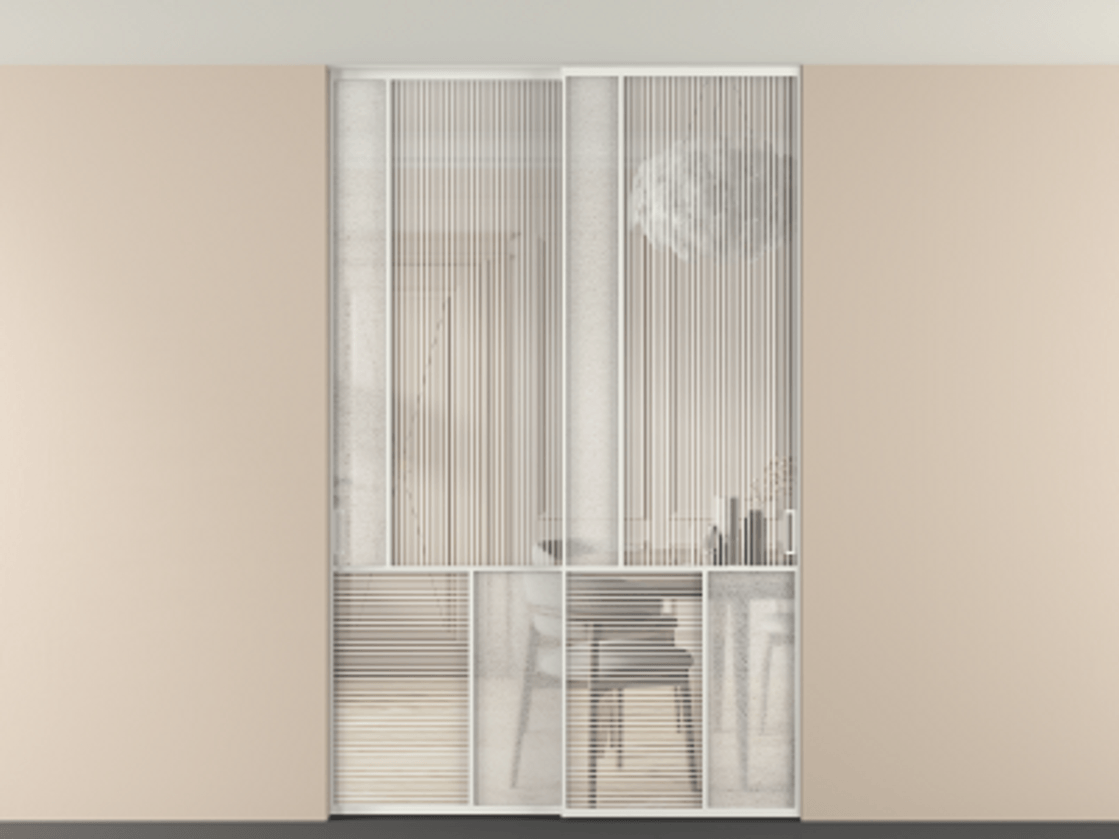 Перегородка Mosaic внутри проёма скрытое крепление в потолок 2 створки АЛПР 041.20 Алюминий светло-серый Рифлёное стекло "Дюна", триплекс, 6 мм + Фактурное стекло "Лёд", триплекс Цена 18210 Br | Volhovec