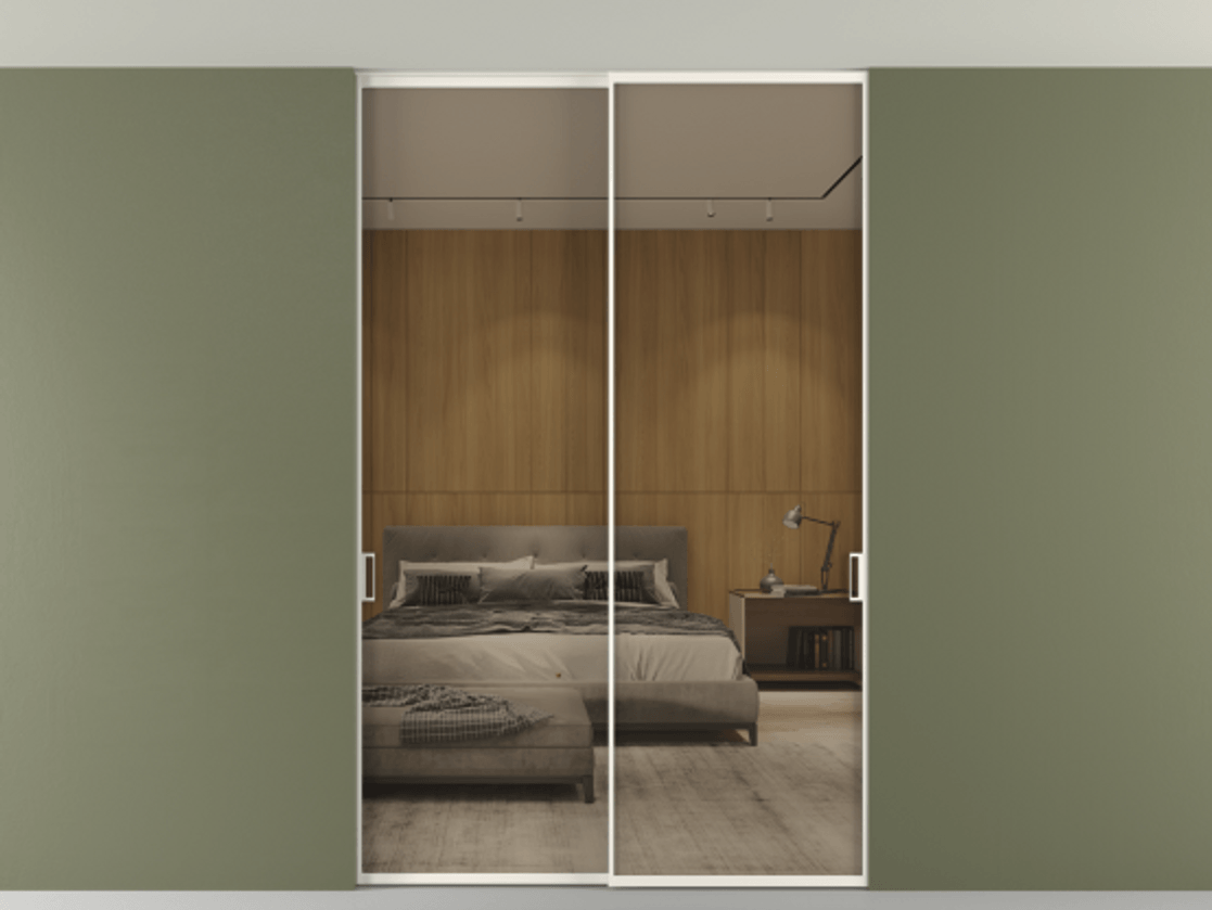 Перегородка Formato внутри проёма скрытое крепление в потолок 2 створки АЛПР 040.01 Алюминий пудровый белый Рефлективное бронзовое стекло "Stopsol", калёное Цена 15700 Br | Volhovec