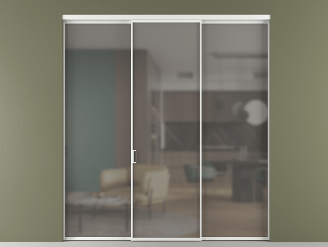 Перегородка Формато внутри проёма 3 створки АЛПР 040.01 Алюминий белоснежный Сатинированное серое стекло, триплекс Цена 12040 Br | Volhovec