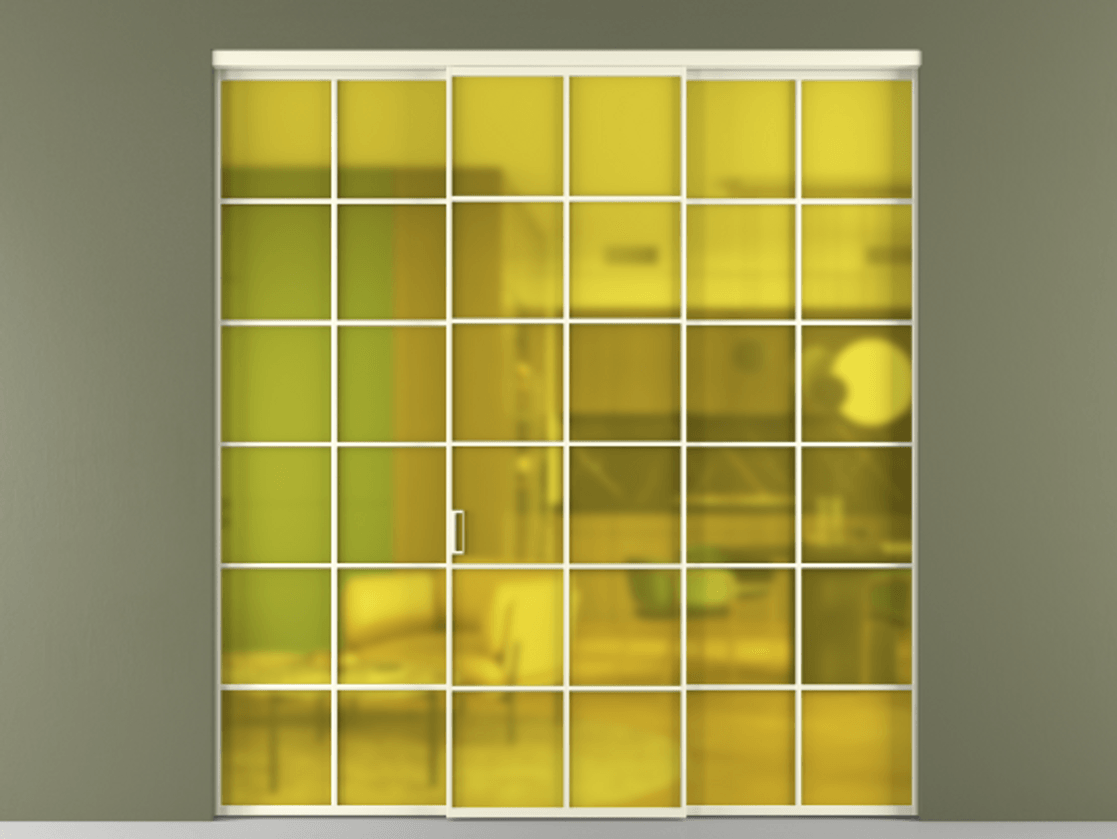 Перегородка Формато внутри проёма 3 створки АЛПР 040.05 Алюминий молочно-белый Сатинированное жёлтое стекло, триплекс Цена 13600 Br | Volhovec