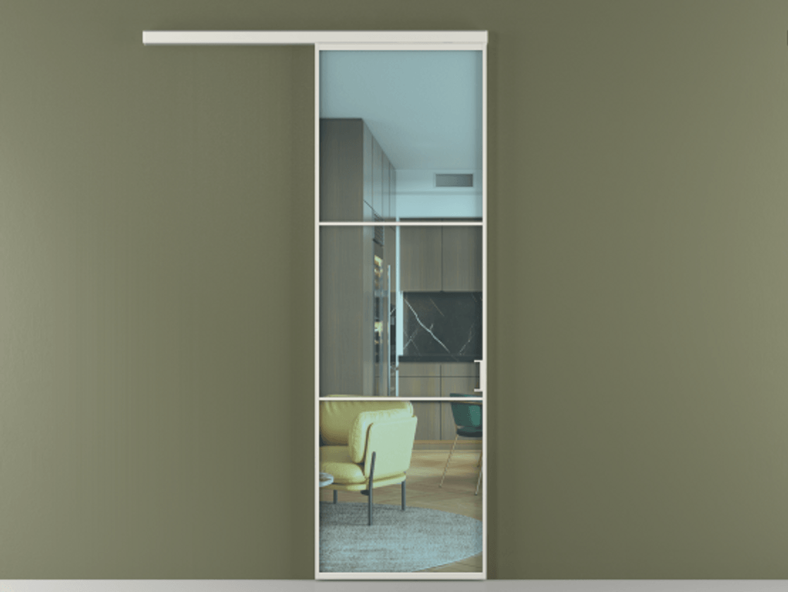 Перегородка Формато вдоль стены 1 створка АЛПР 040.03 Алюминий серый Прозрачное голубое стекло, триплекс Цена 5700 Br  | Volhovec