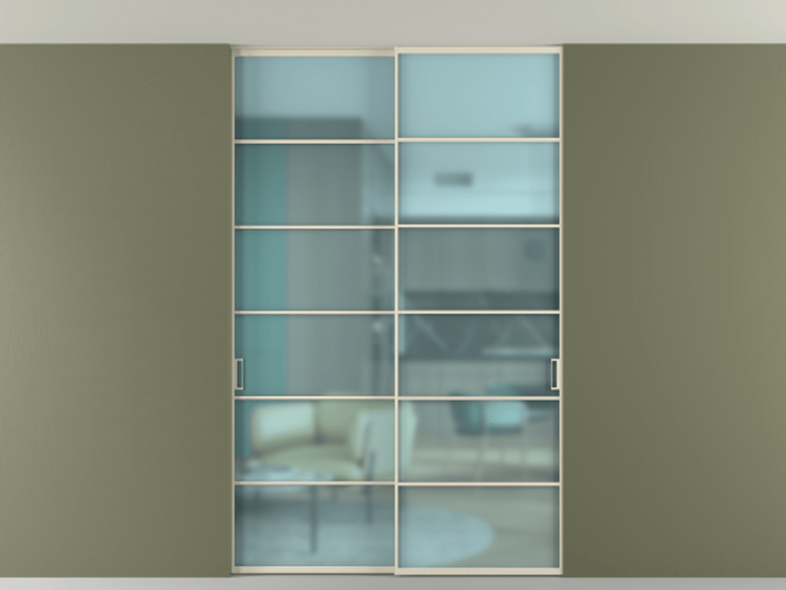 Перегородка Формато внутри проёма скрытое крепление в потолок 2 створки АЛПР 040.04 Алюминий бежево-серый Сатинированное голубое стекло, триплекс Цена 14000 Br | Volhovec