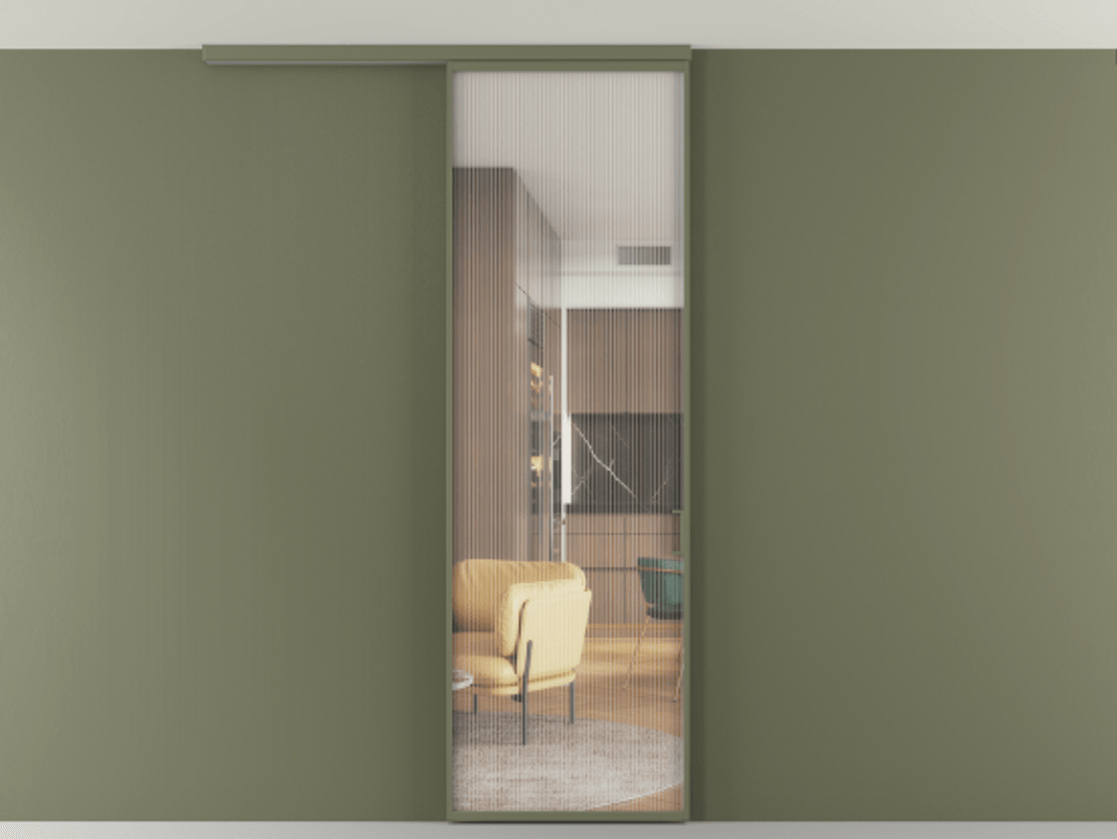 Перегородка Formato вдоль стены на потолок 1 створка АЛПР 040.01 Алюминий оливковый тёмный Рифлёное стекло "Мору", триплекс Цена 5260 Br | Volhovec