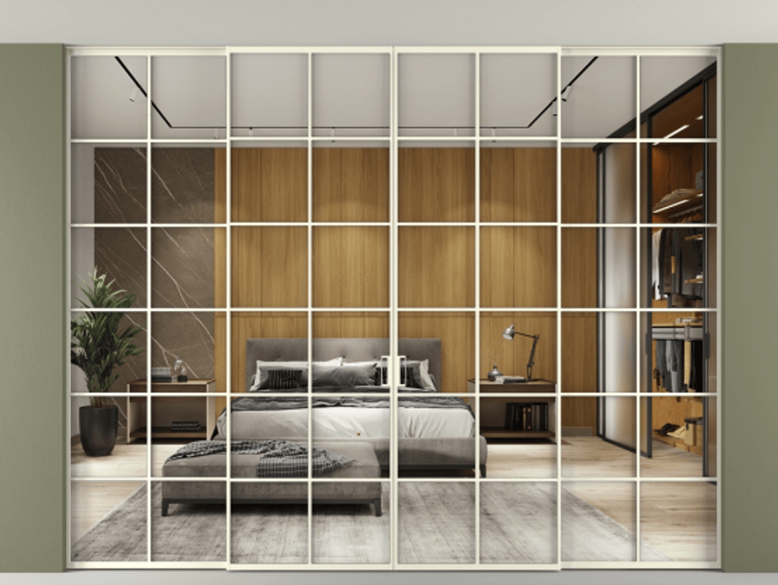 Перегородка Формато внутри проёма скрытое крепление в потолок 4 створки АЛПР 040.05 Алюминий молочно-белый Двустороннее зеркало, триплекс , триплекс 6 мм Цена 26970 Br | Volhovec