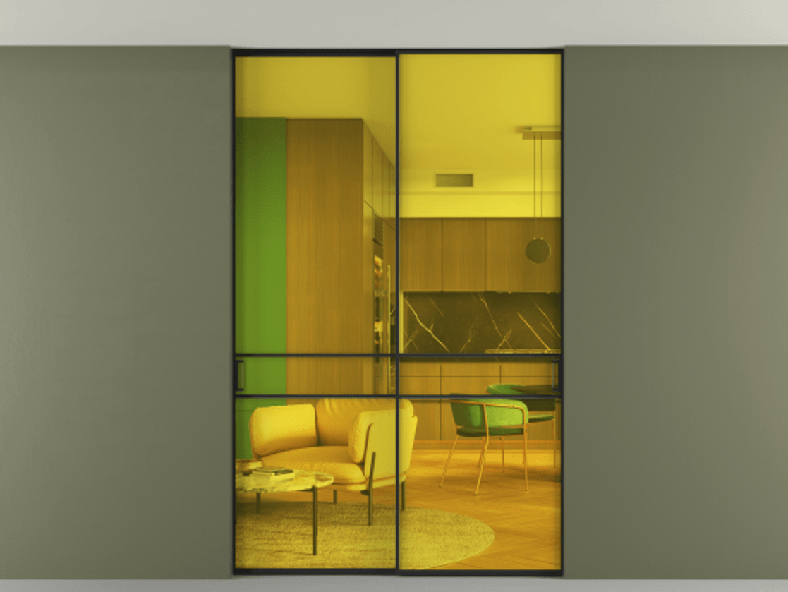 Перегородка Формато внутри проёма скрытое крепление в потолок 2 створки АЛПР 040.02 Алюминий Черный Прозрачное жёлтое стекло, триплекс Цена 13400 Br | Volhovec