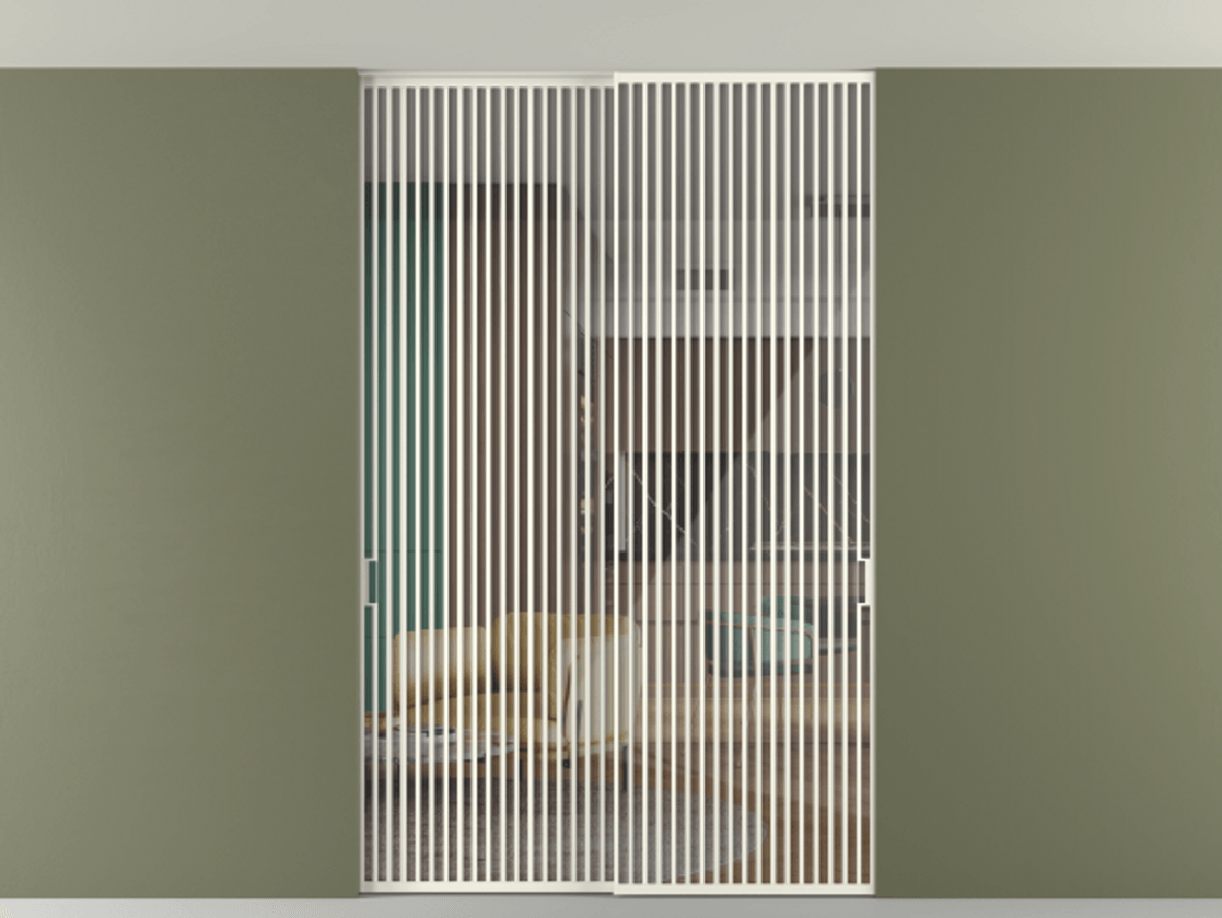 Перегородка Формато внутри проёма скрытое крепление в потолок 2 створки АЛПР 040.06 Алюминий жемчужный Рефлективное прозрачное стекло "Стопсол", калёное Цена 27860 Br | Volhovec