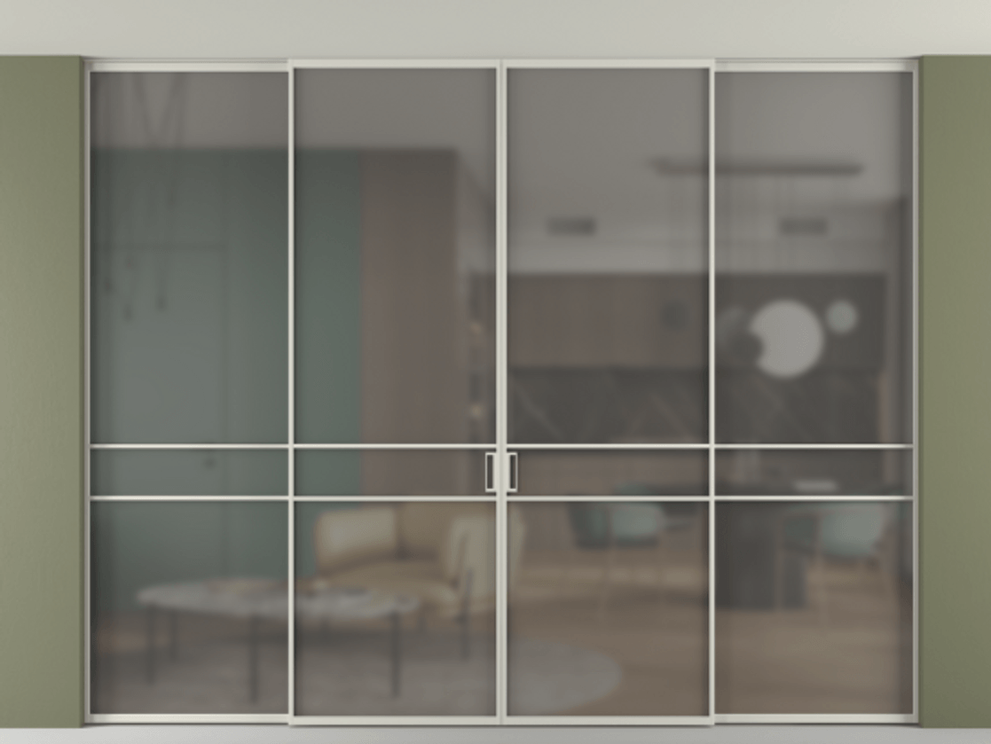 Перегородка Formato внутри проёма скрытое крепление в потолок 4 створки АЛПР 040.02 Алюминий тёплый серый Сатинированное серое стекло, триплекс. Цена 24440 Br 1. Полотно 4 шт. (800/2100 мм)
2. Комплект установки раздвижной системы
3. Базовый комплект фурнитуры
4.Ручка RONDO. Фабрика дверей Волховец 8 (800) 551 43 19 Перегородка Formato внутри проёма скрытое крепление в потолок 4 створки АЛПР 040.02 Алюминий тёплый серый Сатинированное серое стекло, триплекс Цена 24440 Br | Volhovec