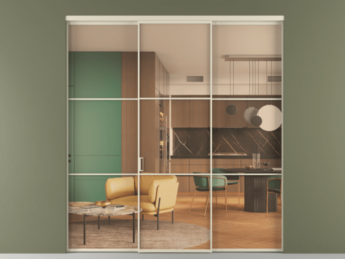 Перегородка Formato внутри проёма 3 створки АЛПР 040.03 Алюминий бежево-серый Прозрачное оранжевое стекло, триплекс Цена 13300 Br | Volhovec