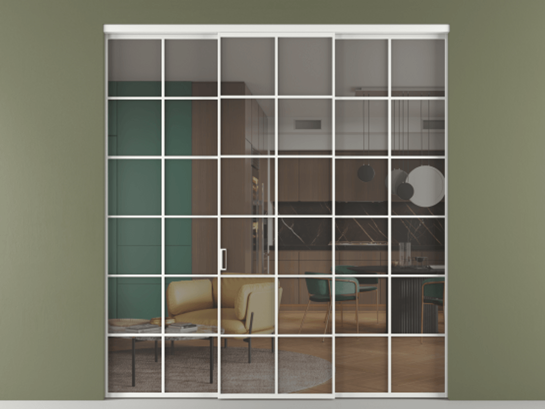 Перегородка Formato внутри проёма 3 створки АЛПР 040.05 Алюминий белоснежный Прозрачное серое стекло, триплекс Цена 14290 Br | Volhovec