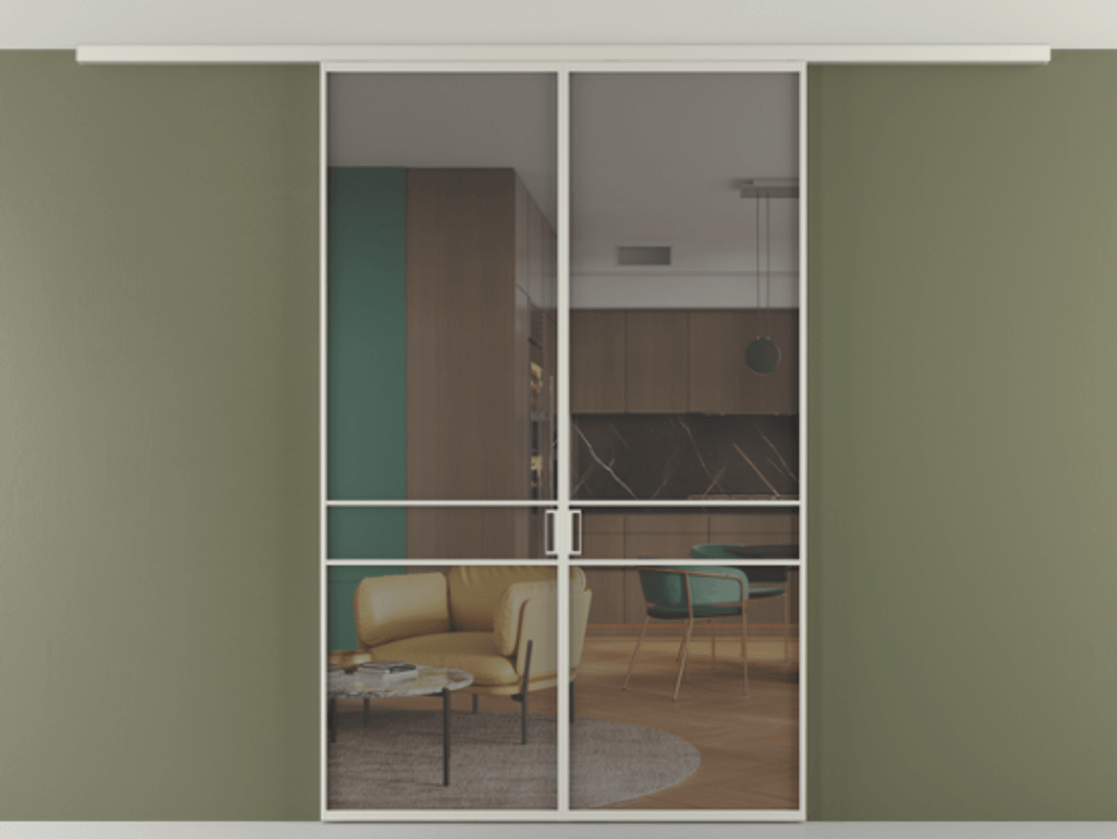 Перегородка Формато вдоль стены на потолок 2 створки АЛПР 040.02 Алюминий тёплый серый Прозрачное серое стекло, триплекс Цена 12190 Br | Volhovec